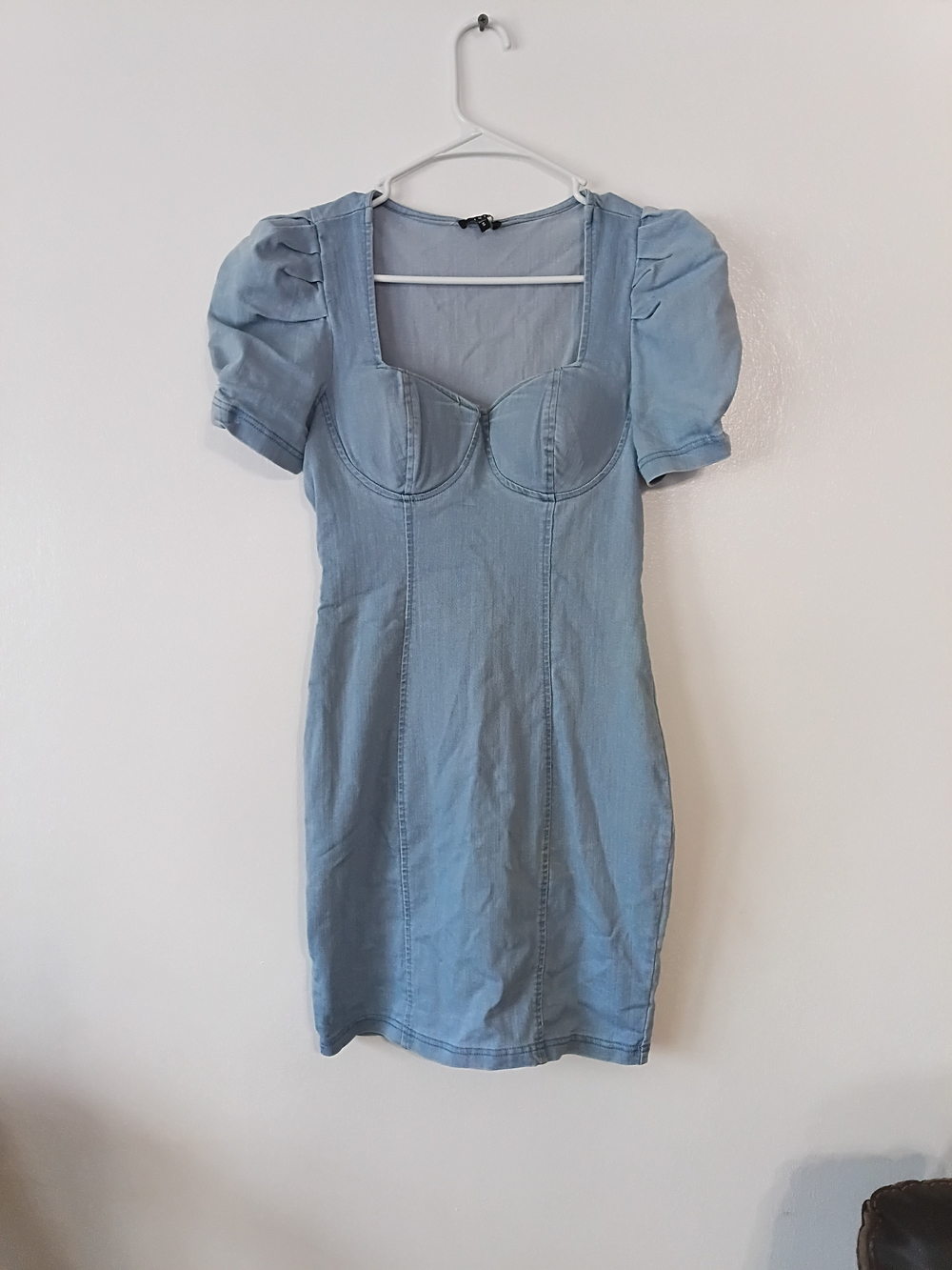 Iris Denim Fitted Light Blue Puff-Sleeve Mini Dress Sz. Small Women's